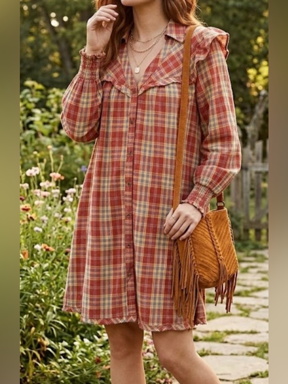 Umgee plaid button front mini dress long ruffle trim sleeve smocked cuff large
